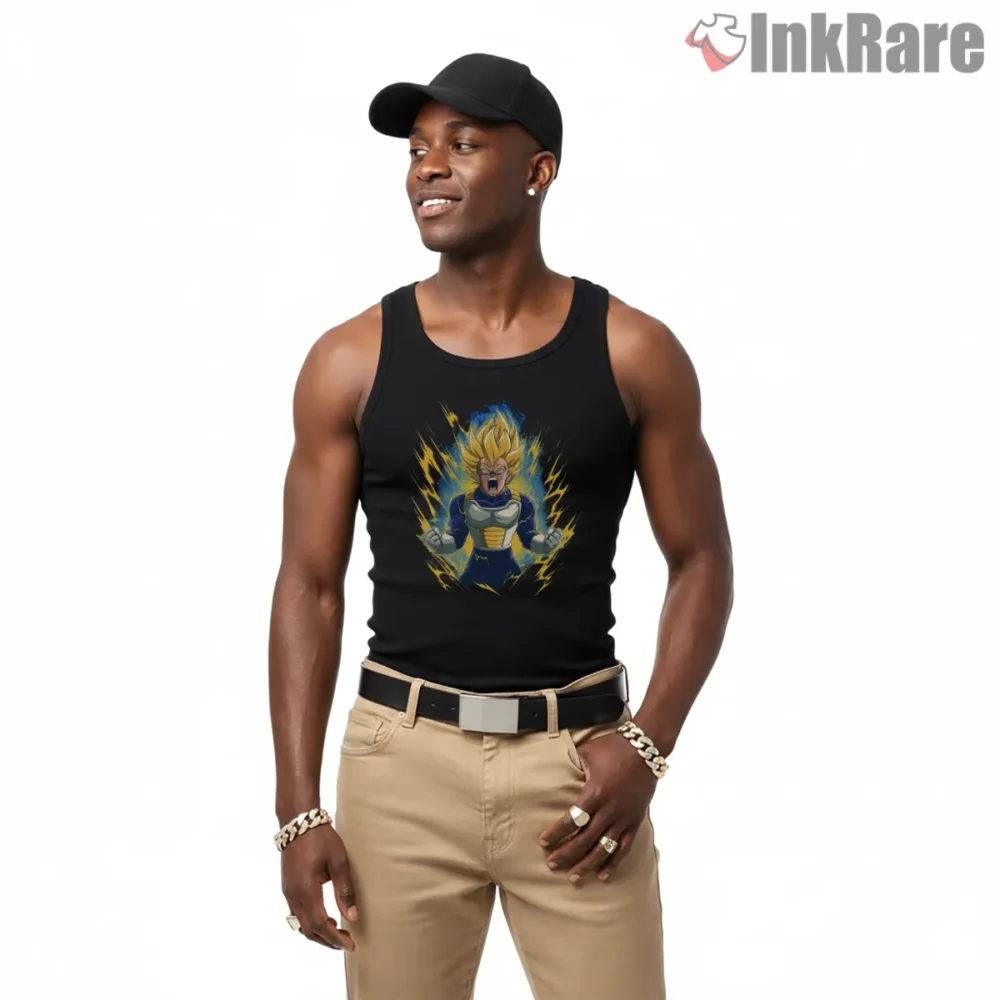 Majin Vegeta Rage Electric Aura Dragon Ball Shirt on black tank top for men graphic tee