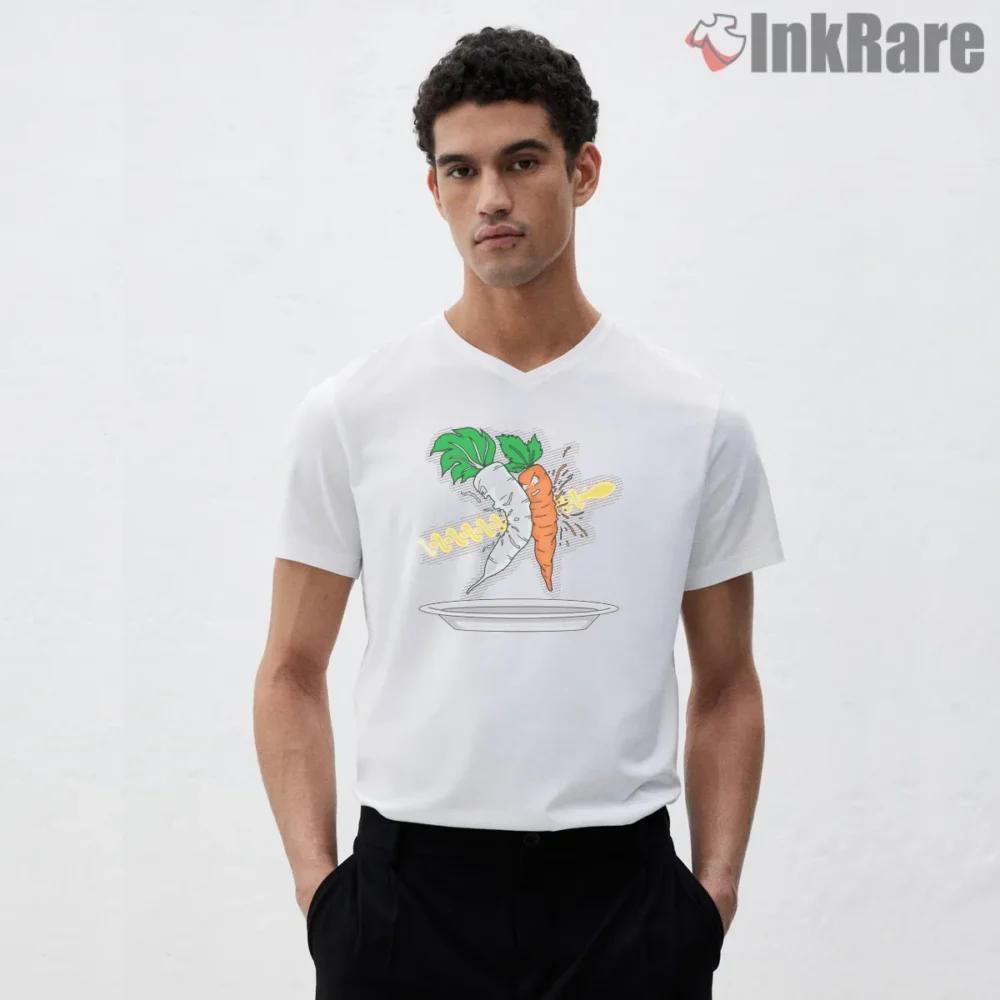 Makankosalad Namekian Inspired Veggie Beam Shirt on white v-neck shirt for men graphic tee