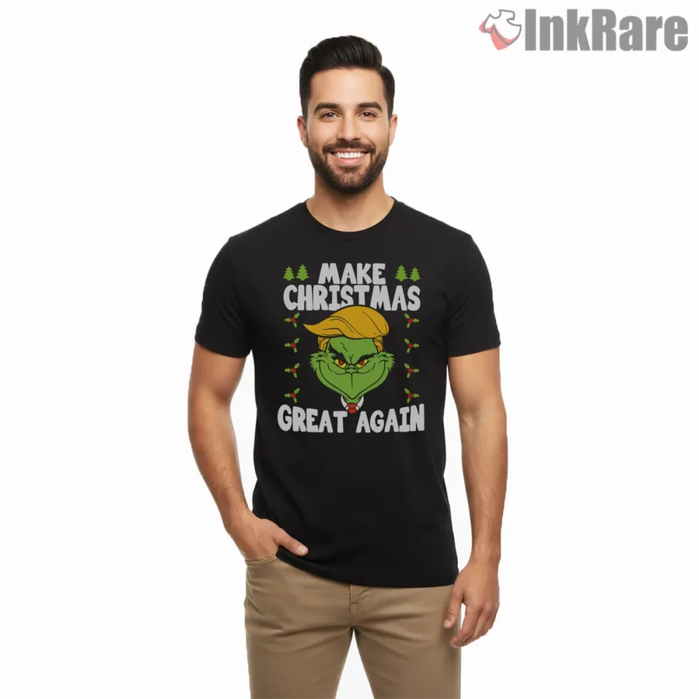 Make Christmas Great Again Parody Grinch Shirt on black short sleeve shirt for men graphic tee