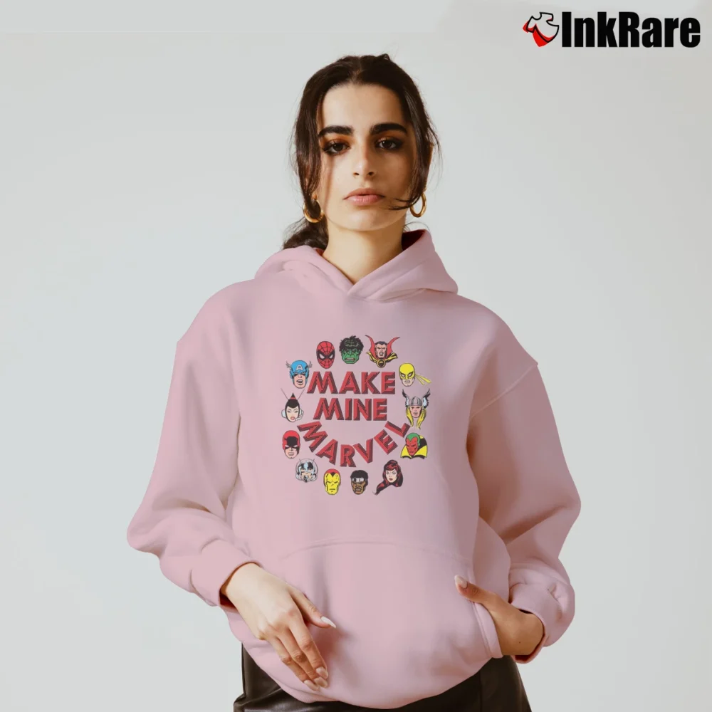Women’s Make Mine Marvel Hero Graphic Cozy Hoodie in light pink | Warm, Structured, Stylish