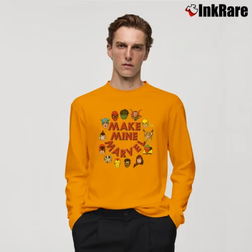 Make Mine Marvel Hero Graphic Men’s Long-Sleeve Tee in orange – Versatile Layering Men’s Make Mine Marvel Hero Graphic Long-Sleeve Shirt in orange | Sleek, Lightweight, Year-Round Wear