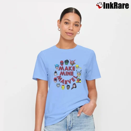 Make Mine Marvel Hero Graphic Women’s Signature Tee in light blue – Effortless Style Women’s Make Mine Marvel Hero Graphic Signature T-Shirt in light blue | Soft, Flattering Fit