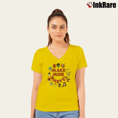 Make Mine Marvel Hero Graphic Women’s V-Neck Tee in yellow – Flattering Fit Women’s Make Mine Marvel Hero Graphic V-Neck Tee in yellow | Chic Neckline, Soft Texture