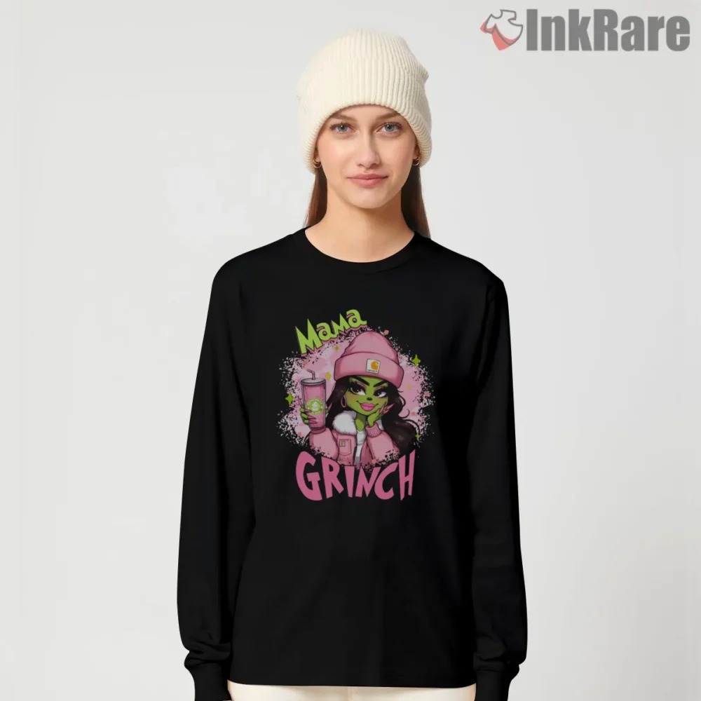 Mama Grinch Pink Holiday Coffee Style Shirt on black long sleeve shirt for women graphic tee
