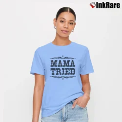 Women’s Mama Tried Retro Country Music Signature T-Shirt in light blue | Soft, Flattering Fit