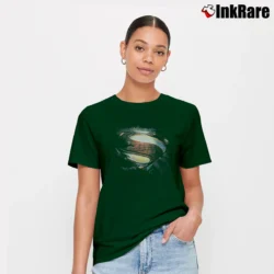 Women’s Man of Steel Grungy Shield Superman Movie Signature T-Shirt in forest green | Soft, Flattering Fit