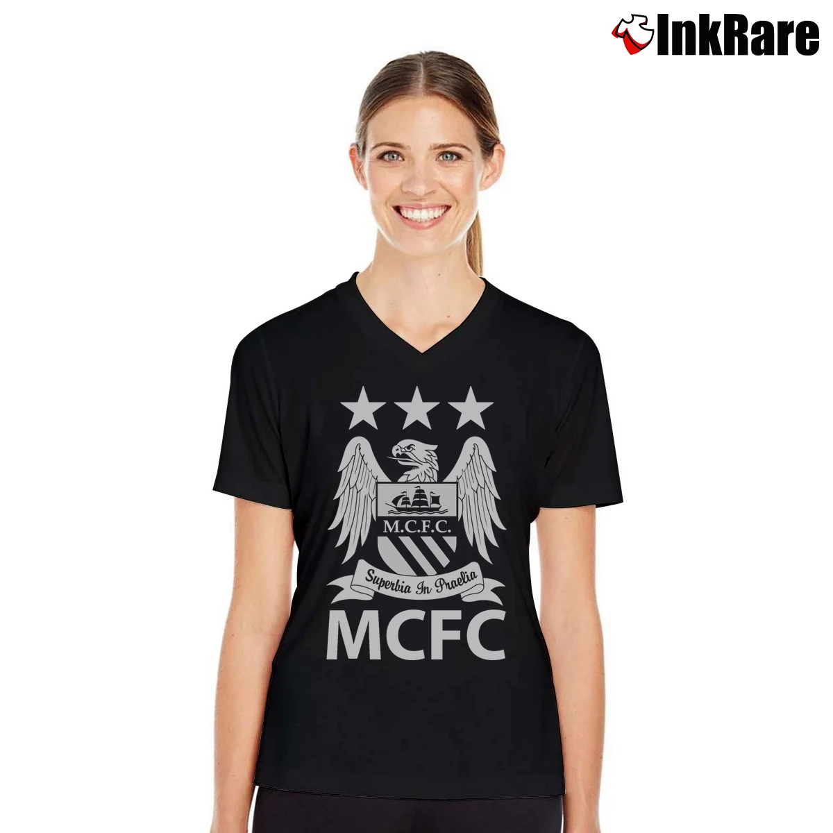 Manchester City Football Club Women’s V-Neck Tee in black – Flattering Fit Women’s Manchester City Football Club V-Neck Tee in black | Chic Neckline, Soft Texture