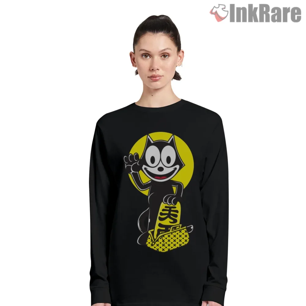 Maneki Felix The Lucky Cartoon Cat Shirt on black long sleeve shirt for women graphic tee