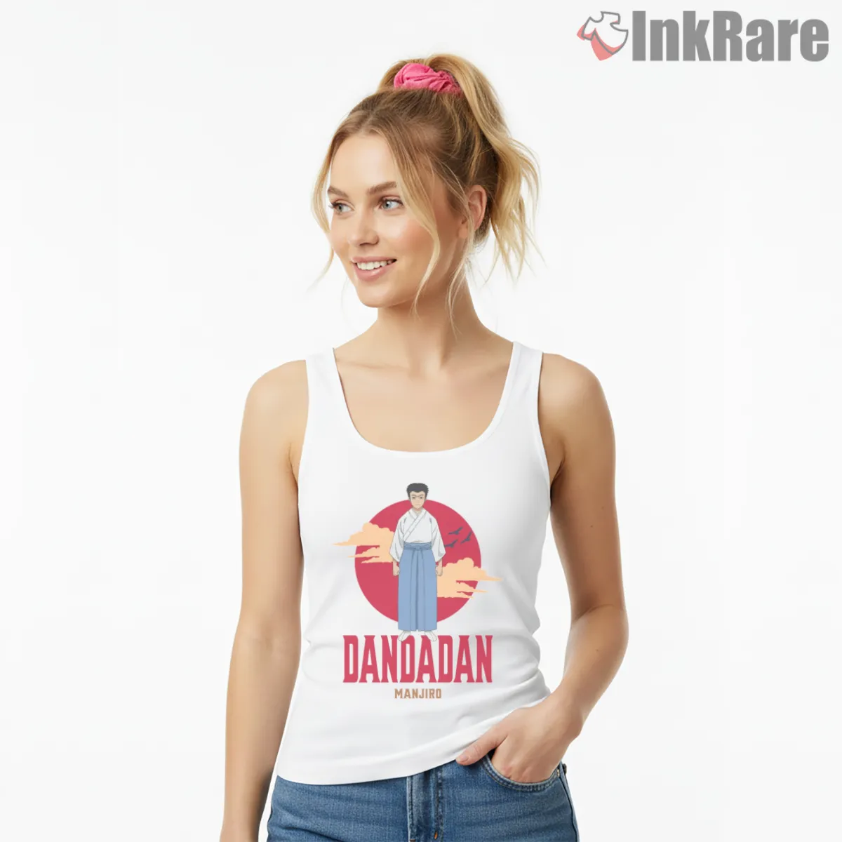 Manjiro Samurai Sunset Minimal Anime Tank Top White Manjiro Samurai Sunset Minimal Anime Shirt on white tank top for women graphic tee