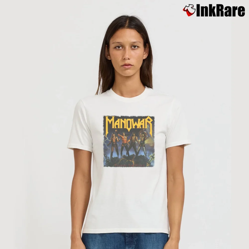Women’s Manowar Fighting The World Power Metal Signature T-Shirt in white | Soft, Flattering Fit