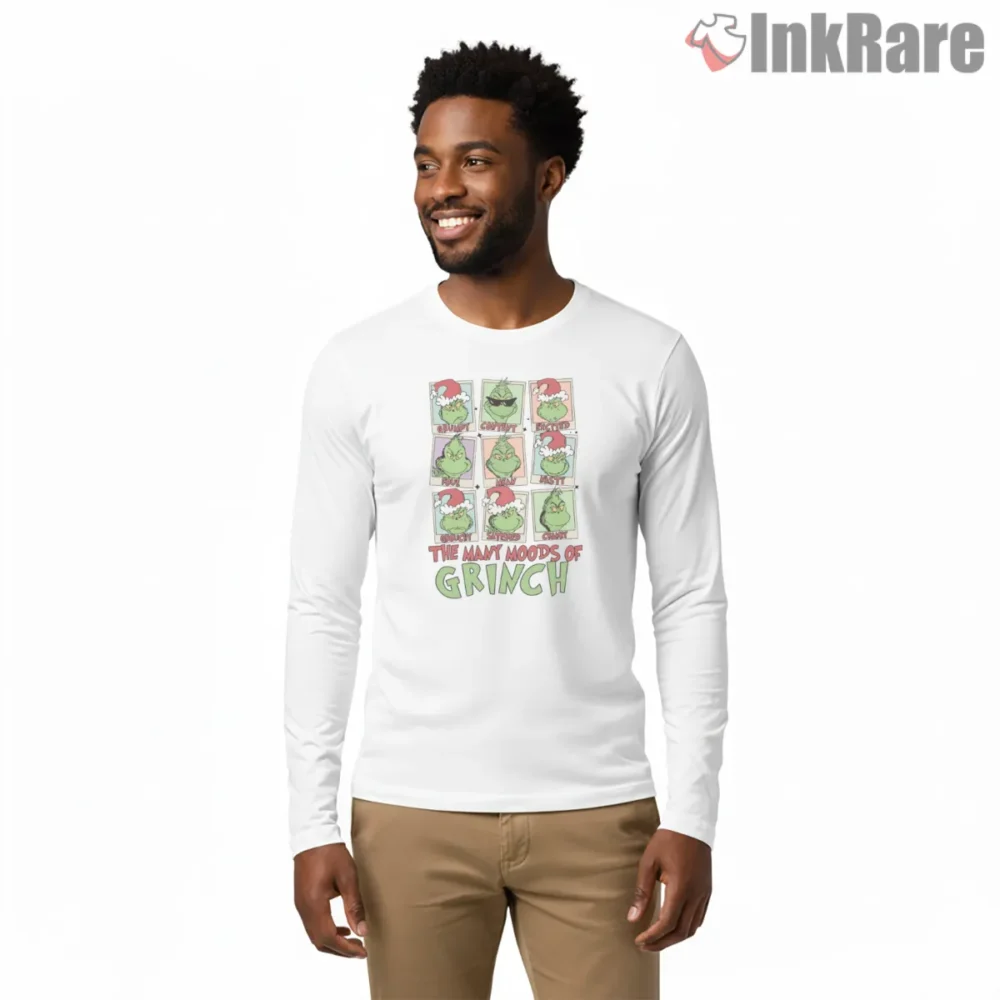 Many Moods Of Grinch Funny Christmas Shirt on white long sleeve shirt for men graphic tee