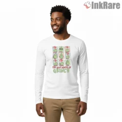 Many Moods Of Grinch Funny Christmas Shirt on white long sleeve shirt for men graphic tee