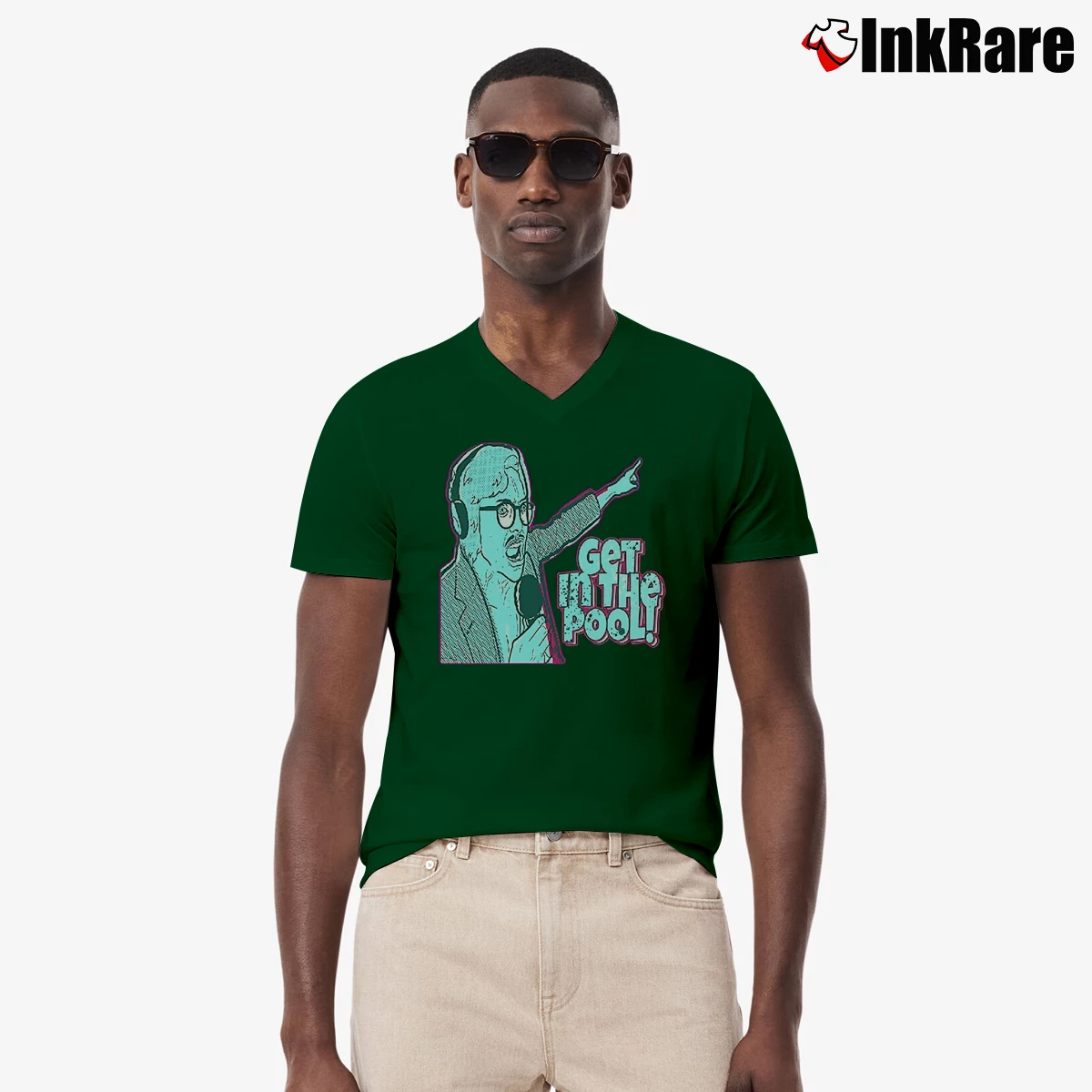 Men’s Marc Rebillet Loop Daddy Get In The Pool Funny DJ V-Neck Tee in forest green | Sharp, Breathable, Everyday Staple