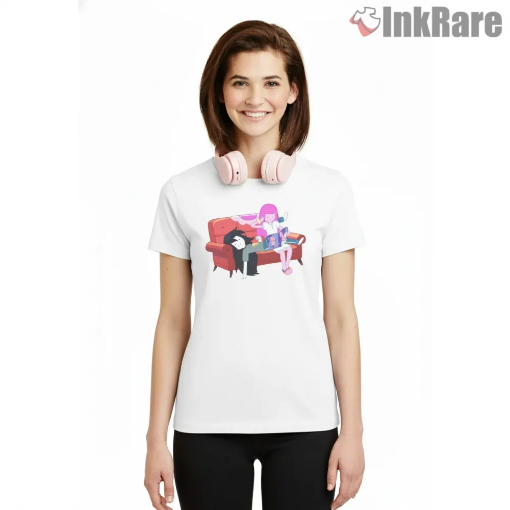 Marceline And Princess Bubblegum Couch Scene Cartoon Shirt on white short sleeve shirt for women graphic tee