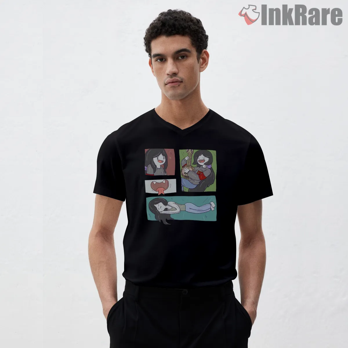 Marceline Comic Panel Style Cartoon V Neck Black Marceline Comic Panel Style Cartoon Shirt on black v-neck shirt for men graphic tee