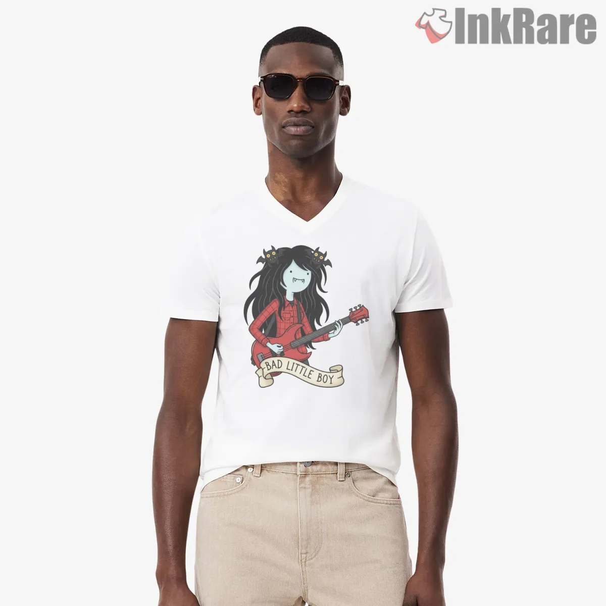 Marceline Red Plaid Rocker Guitar Cartoon V Neck White Marceline Red Plaid Rocker Guitar Cartoon Shirt on white v-neck shirt for men graphic tee