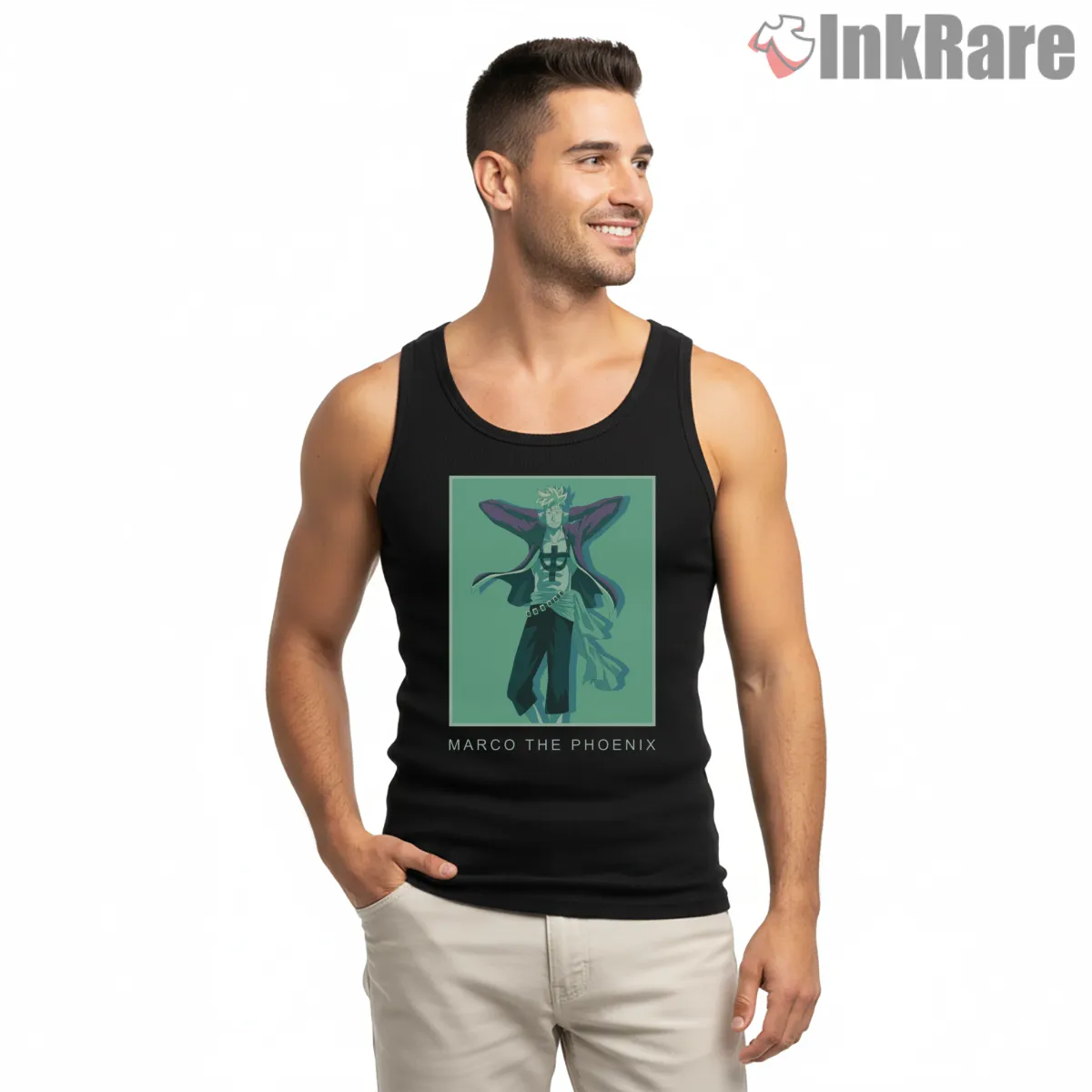Marco The Phoenix Mythic Pirate Anime Tank Top Black Marco The Phoenix Mythic Pirate Anime Shirt on black tank top for men graphic tee