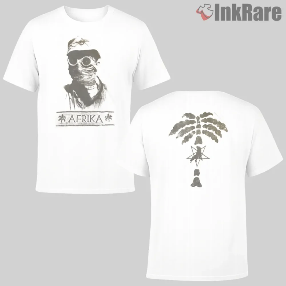 Marduk Afrika Shirt front and back on white with desert portrait and palm emblem
