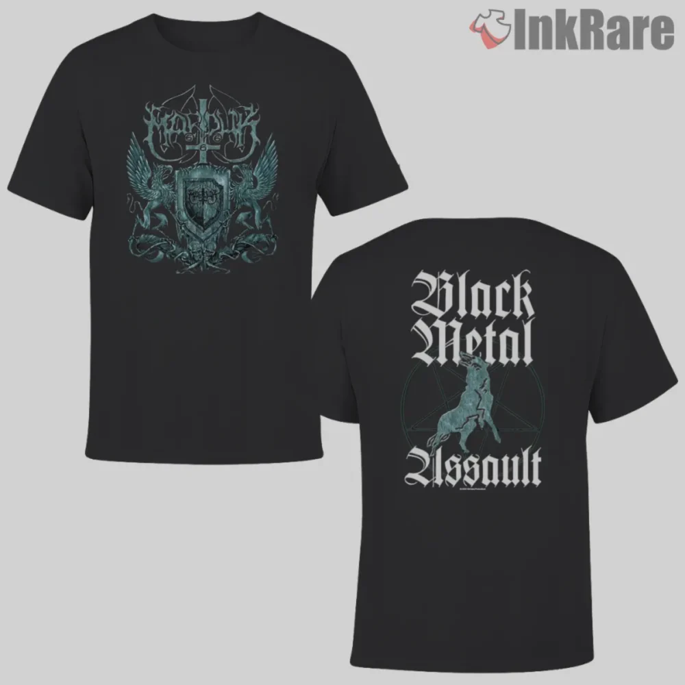 Marduk Black Metal Assault Shirt front and back two sided layout with crest and sigil