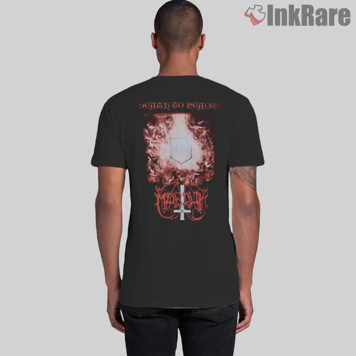 Marduk Heaven Shall Burn Back View Two Alternate angle of the blazing back print on black tee