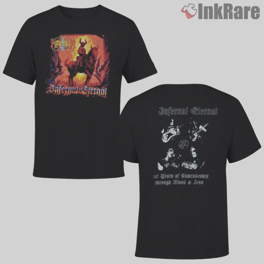 Marduk Infernal Eternal Shirt two sided black tee with fiery rider front and photo back