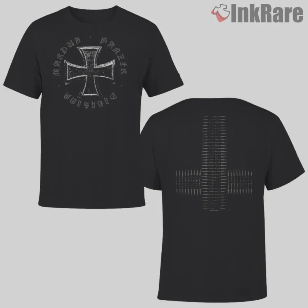 Marduk Iron Cross Shirt front and back two sided design with distressed crest and bullet cross