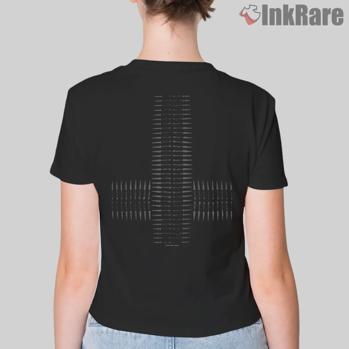 Marduk Iron Cross Women Back Black Women fit with vertical and horizontal bullet lines forming a cross