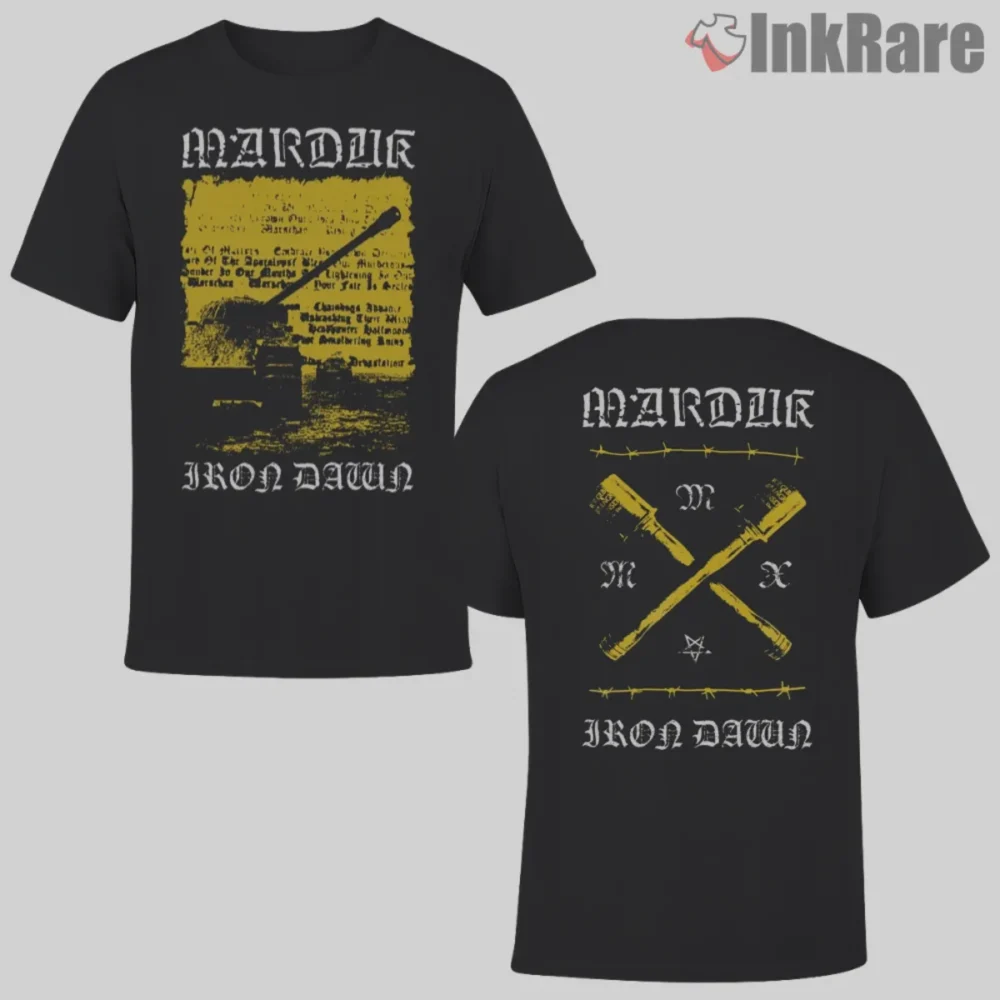 Marduk Iron Dawn Shirt two sided with yellow tank stencil and barbed wire