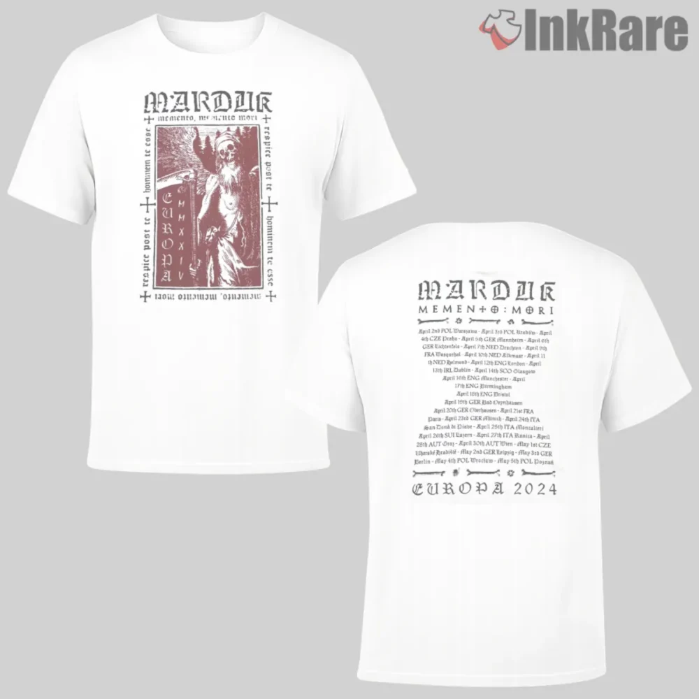Marduk Memento Mori Double Sided Shirt with angel art on white and Europa 2024 tour print