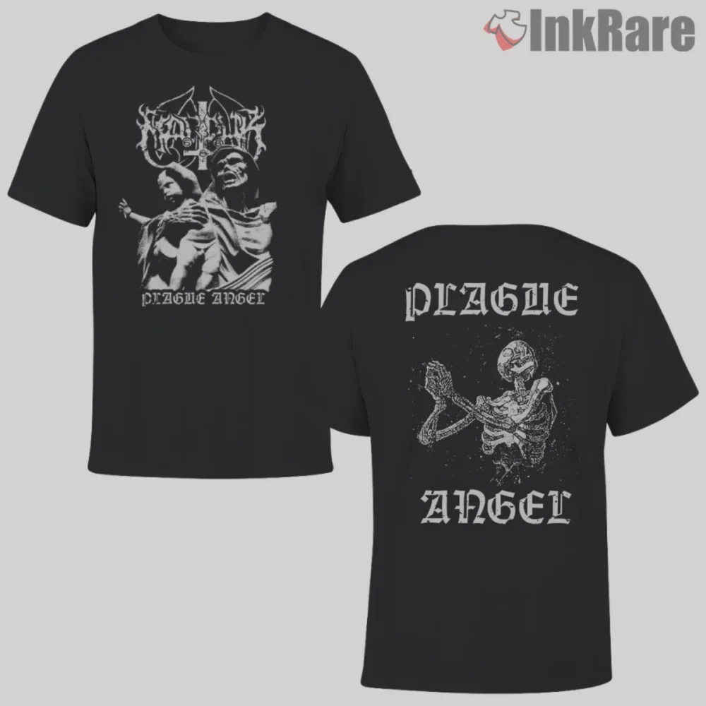 Marduk Plague Angel Double Sided shirt in black with statue front and skeletal back