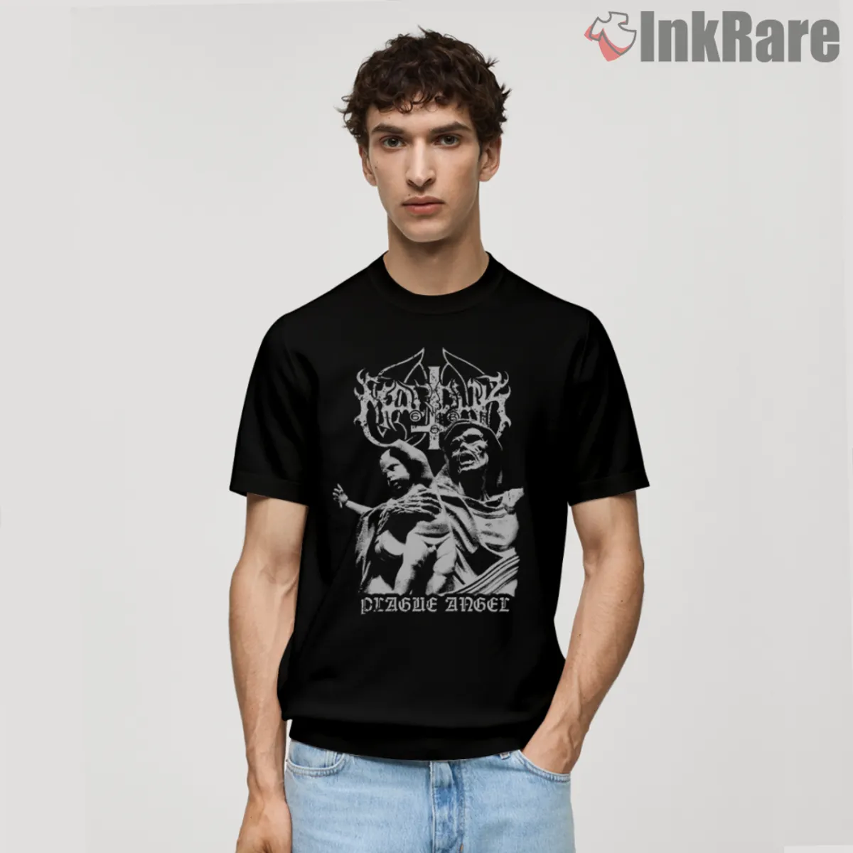 Short sleeve black tee with plague angel chest print