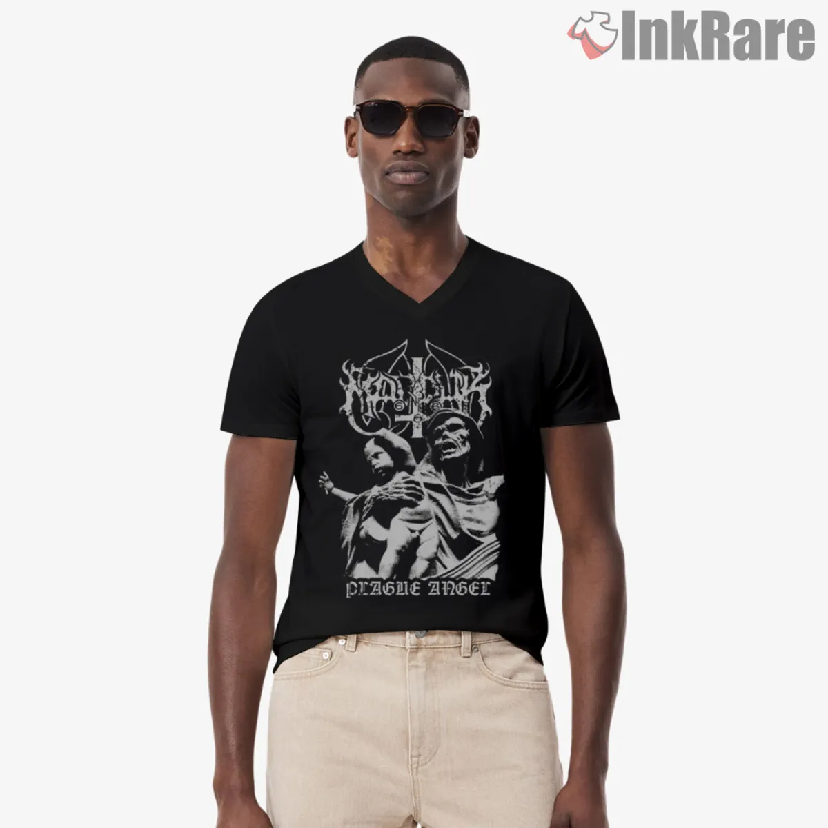 Plague Angel V Neck Black V neck black tee with the same statue artwork