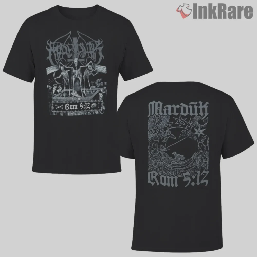 Marduk Rom 5:12 Double Sided Shirt front and back artwork in grayscale