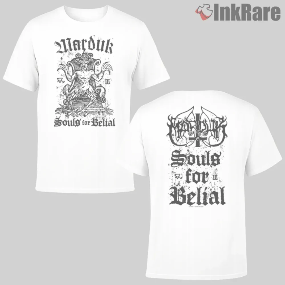 Marduk Souls For Belial Double Sided Shirt with distressed black print on white