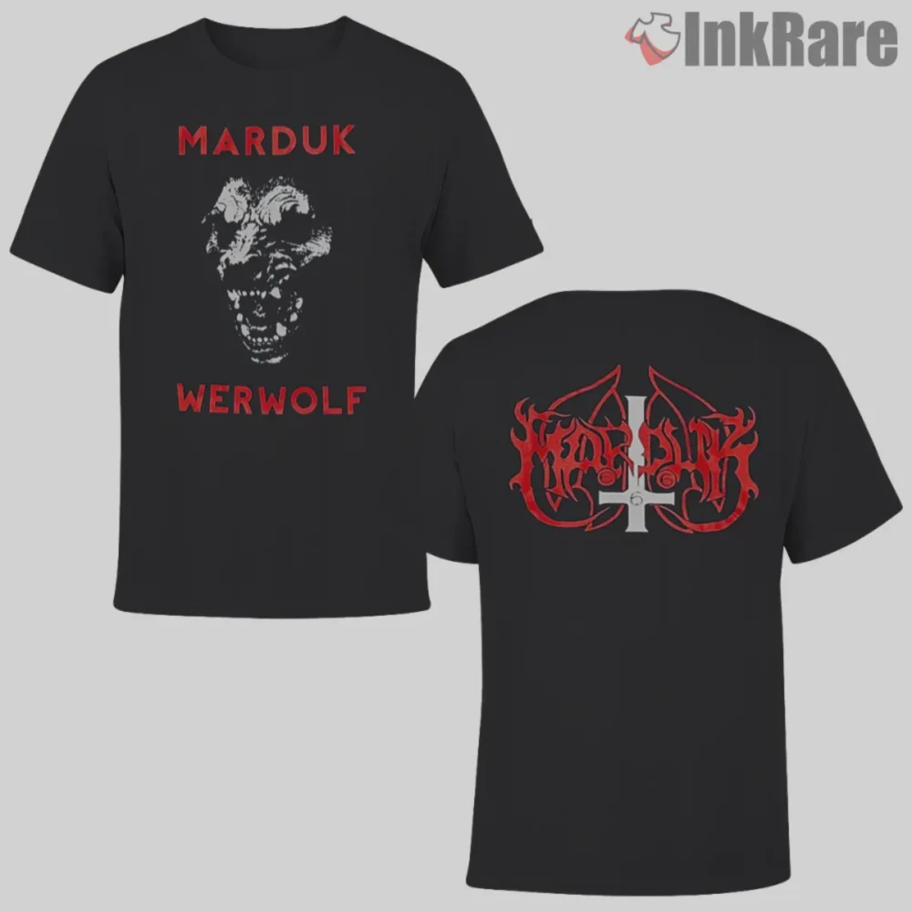 Marduk Werwolf Double Sided Shirt black tee with red letters and a feral face front plus crest back