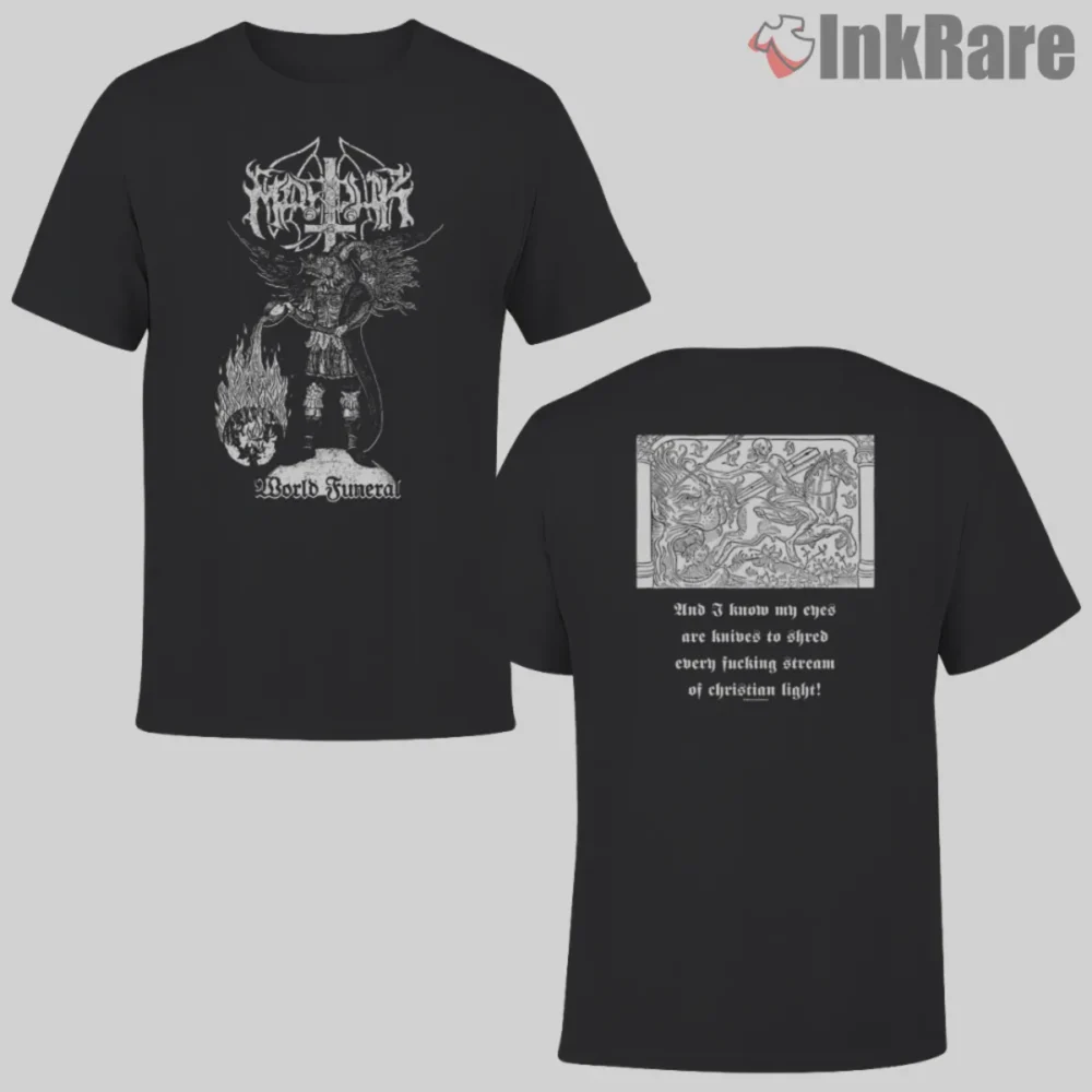 Marduk World Funeral Double Sided Shirt with winged figure and verse on black