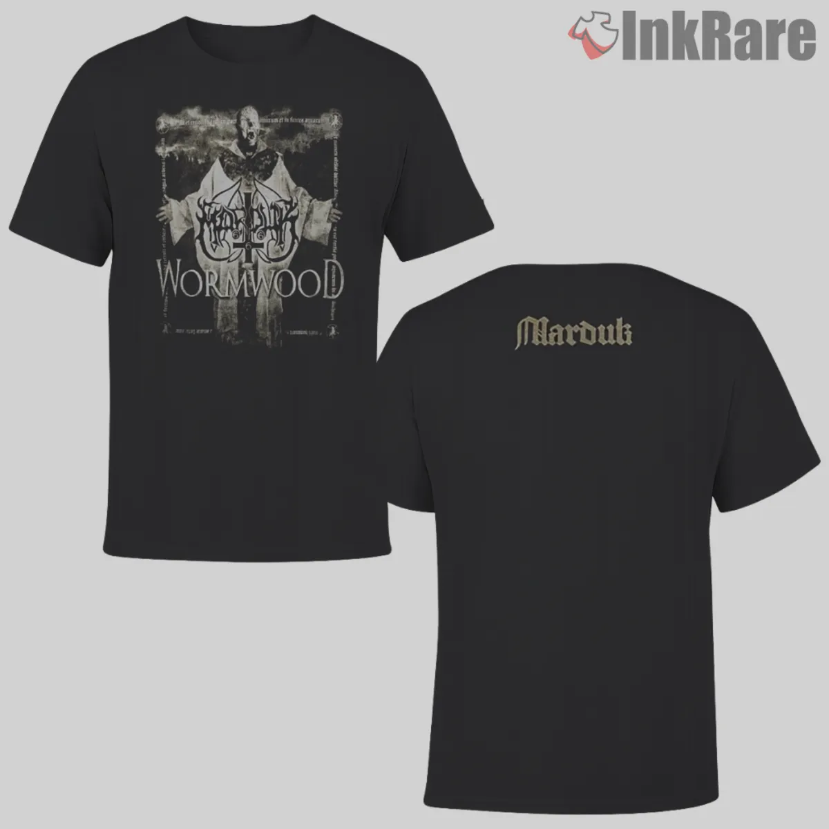 Marduk Wormwood Double Sided Shirt Front And Back Marduk Wormwood Double Sided Shirt black tee with monk artwork front and subtle logo back