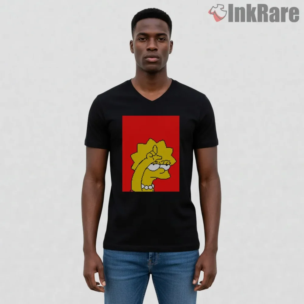 Marge Simpson Pixel Art Retro Minimal Cartoon Shirt on black v-neck shirt for men graphic tee
