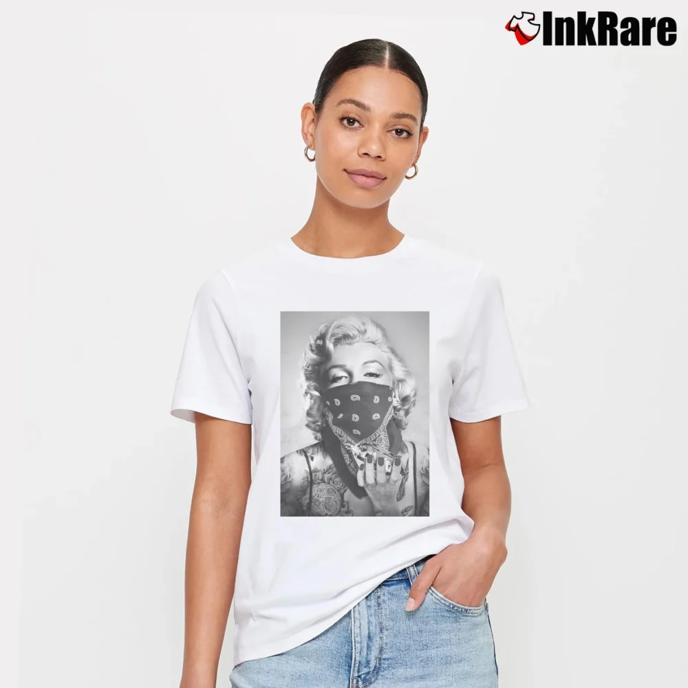 Women’s Marilyn Monroe Black Bandana Pinup Signature T-Shirt in white | Soft, Flattering Fit