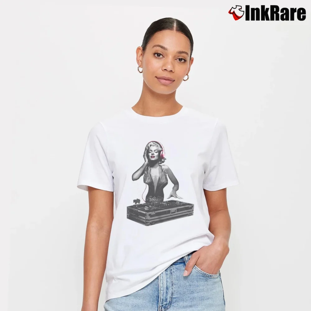 Women’s Marilyn Monroe Norma Jeane Dj Headphones Signature T-Shirt in white | Soft, Flattering Fit