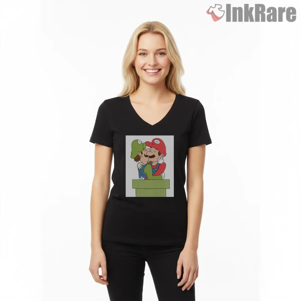 Mario And Luigi Love Cartoon Parody Shirt on black v-neck shirt for women graphic tee