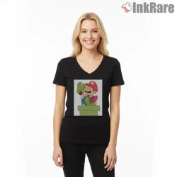 Mario And Luigi Love Cartoon Parody Shirt on black v-neck shirt for women graphic tee