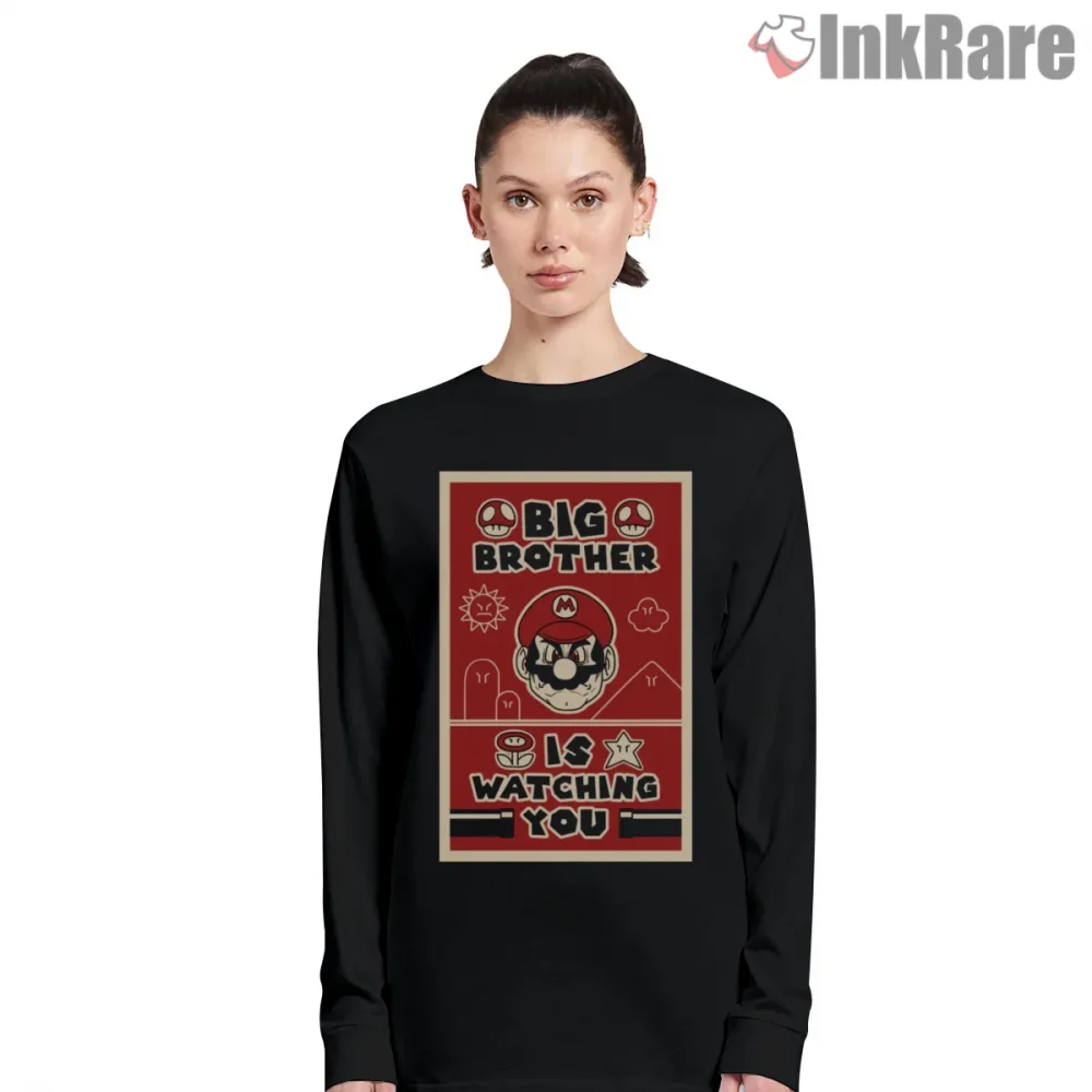 Mario Big Brother Surveillance Retro Poster Shirt on black long sleeve shirt for women graphic tee