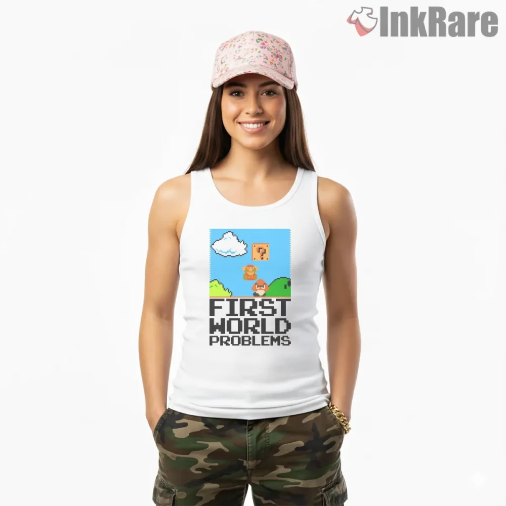 Mario First World Problems Retro Pixel Meme Shirt on white tank top for women graphic tee