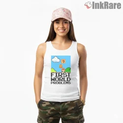 Mario First World Problems Retro Pixel Meme Shirt on white tank top for women graphic tee