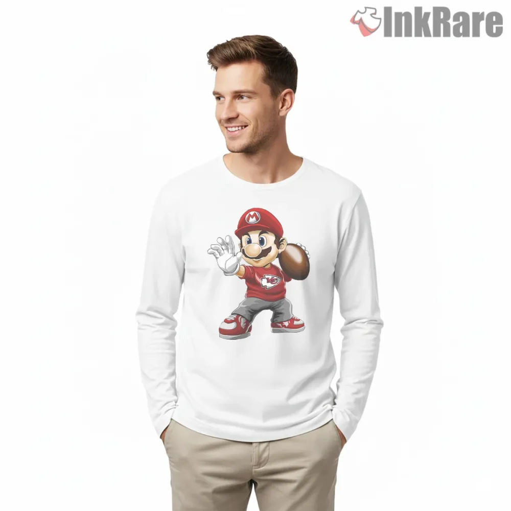 Mario Kansas City Football Mashup Game Day Shirt on white long sleeve shirt for men graphic tee