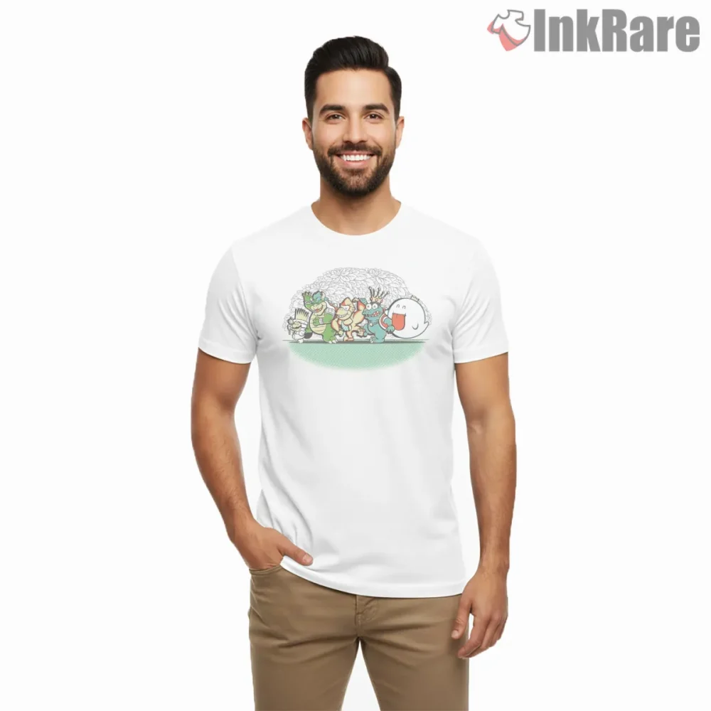 Mario Mushroom Things Wild Crowd Illustration Shirt on white short sleeve shirt for men graphic tee