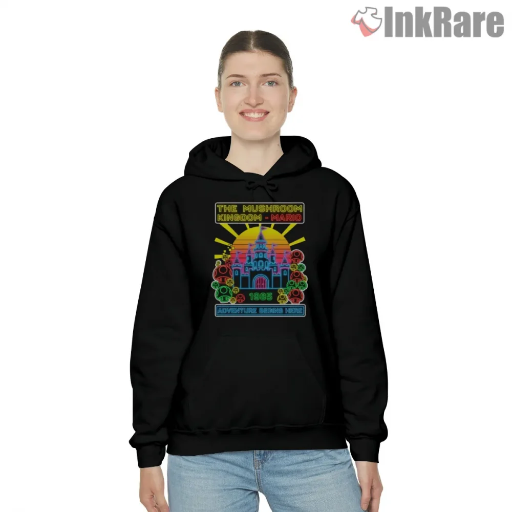 Mario Neon Mushroom Kingdom Fantasy Adventure Shirt on black hoodie for women graphic tee