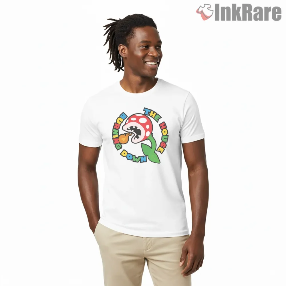 Mario Piranha Plant Burning House Cartoon Chaos Shirt on white short sleeve shirt for men graphic tee
