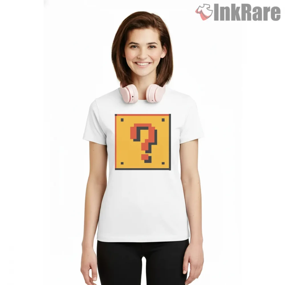 Mario Question Block Classic Pixel Icon Shirt on white short sleeve shirt for women graphic tee